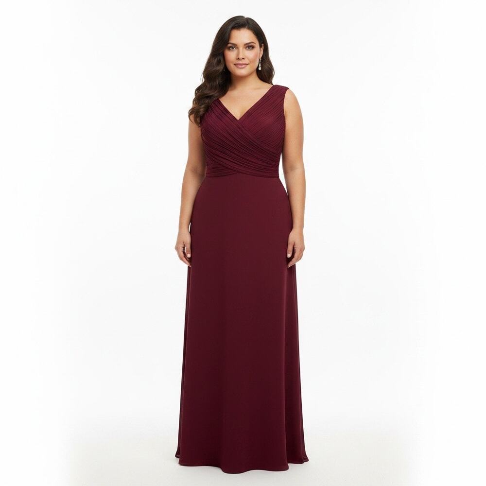 LEVKOFF Burgundy Pleated V-Neck Formal Maxi Dress Gown 26 Bridesmaid Wedding